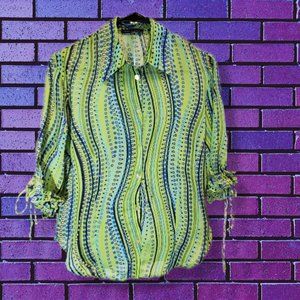 Violet & Claire green & blue button-up blouse, 3/4 sleeve, size Small EUC